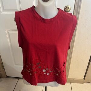Large Japna red distinctive floral laser-cut/eyelet pattern hem sleeveless top
